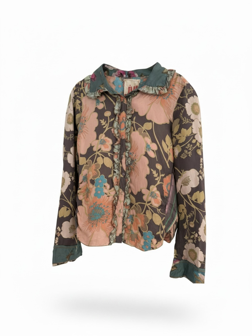Vintage Johnny Was JWLA Silk Floral Blouse Size M Ruffle Trim Button Up